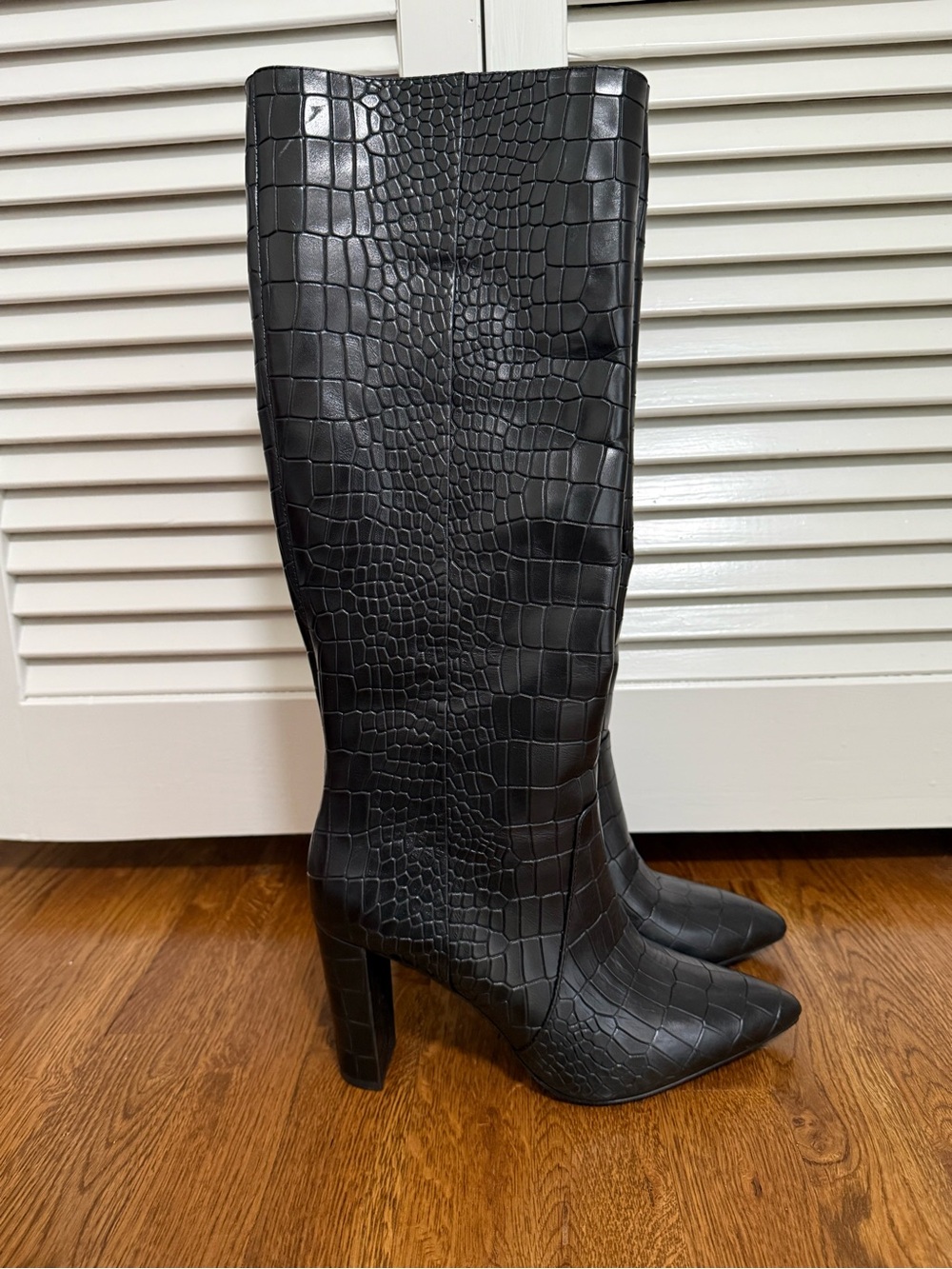 PAIGE Black Croc-Embossed Knee-High Heeled Boots, Size 7.5